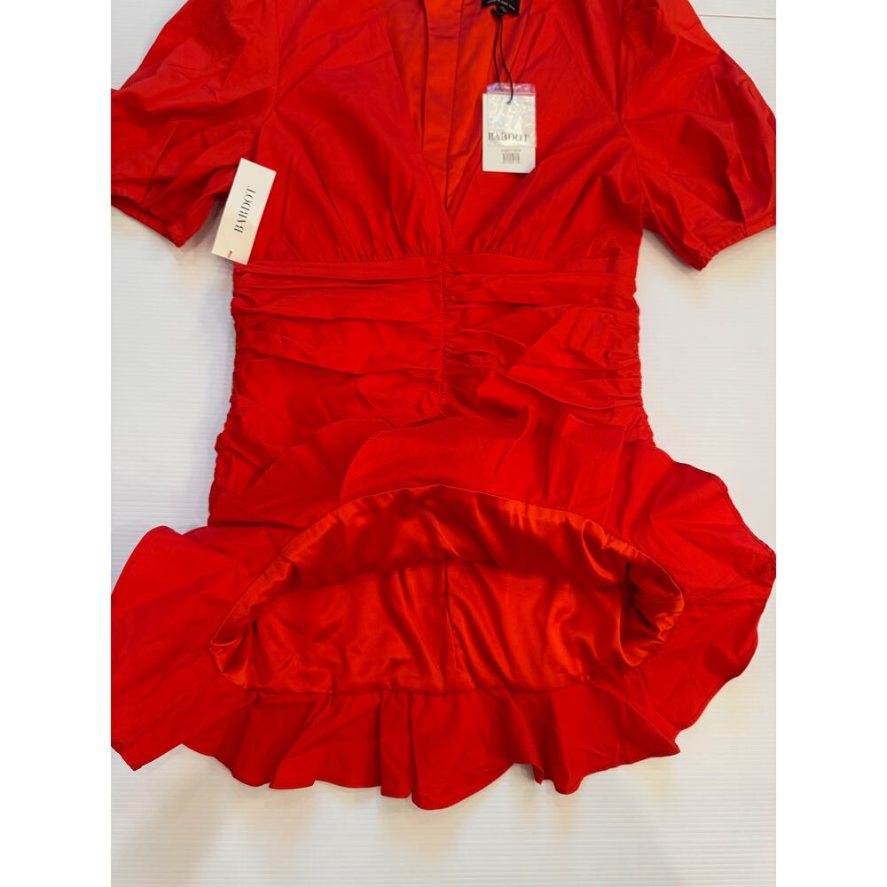 Bardot The Amie Red Ruched Mini Dress Puff Sleeve Ruffle Hem NWT L 10 Cotton - Picture 8 of 16